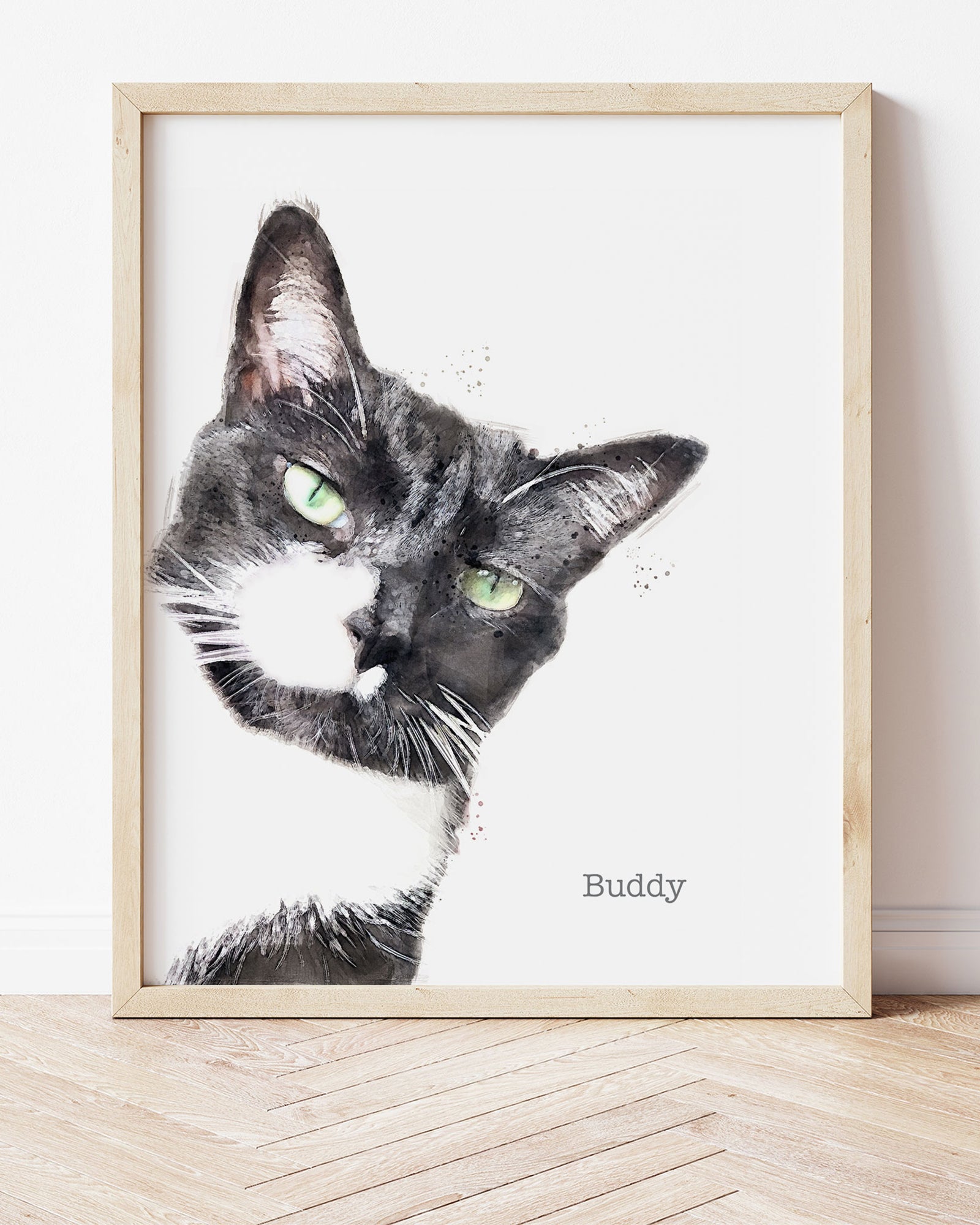 Custom Cat Portrait from Transit Design with a black and white cat in a light wood frame